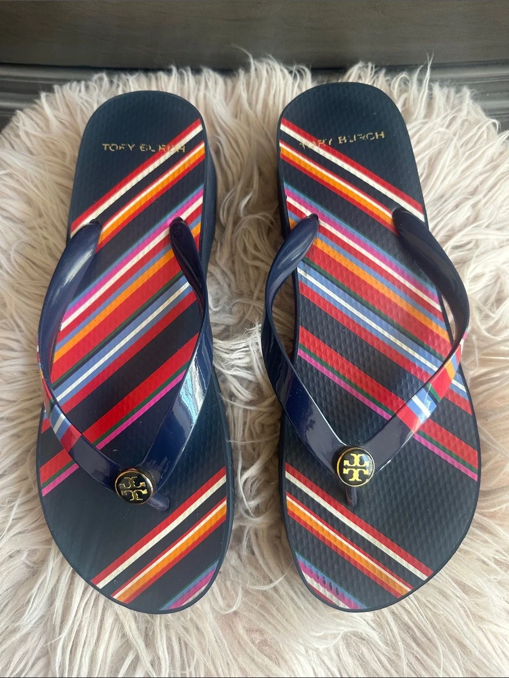 Tory Burch Navy Flip Flop Sandals with Multicolor Stripes